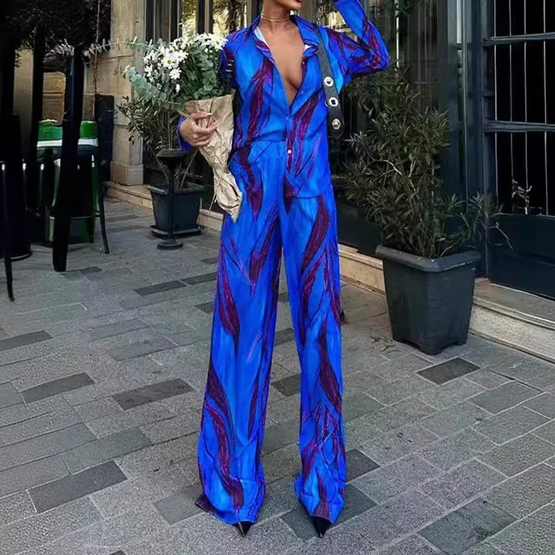 

Весенне-осенний свободный офисный костюм с графическим рисунком, женская модная одежда, повседневная женская рубашка на пуговицах с длинными рукавами, топ и широкие брюки, комплект из 2 предметов