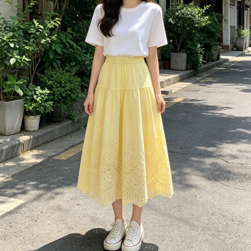 1pc Embroidered Hollow out Lace Trim A- Line Skirt Elastic Waist Midi Skirt Summer Fashion Half-length Skirt