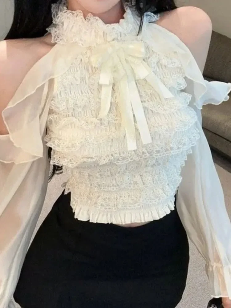 Femme chemises et chemisiers volants printemps automne court Blusas Mujer solide mode coréenne licou élégant rétro Camisas