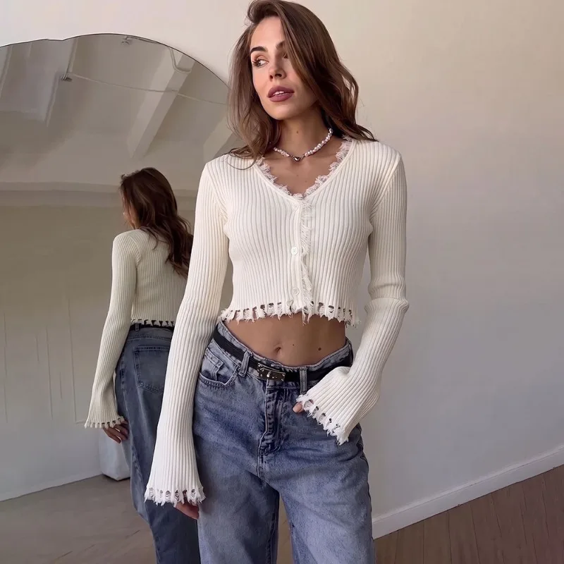 

Tuularose White Knitted Cardigan Women's Fashion V-Neck Ribbed Patchwork Slim Cropped Top Elegant Autumn Chic Women's Sweaters