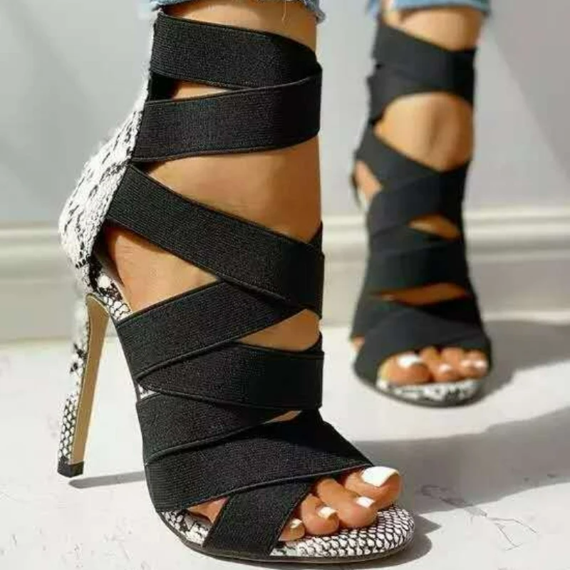 Women Pumps Snake Pattern High Heels Elastic Band Cross Party Sexy Shoes Pointed Toe Prom Shoes Thin Heels Zipper Women Sandals