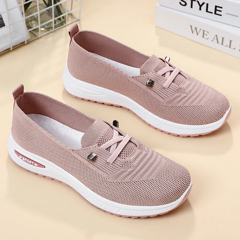 Sepatu pantofel jala wanita, Kasut latihan chunky, berjalan ibu pink tenis 2024, sneaker rajut sporty slip on lari ukuran 43