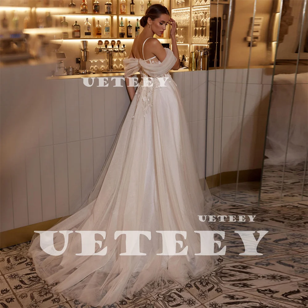 UETEEY Customized Off Shoulder Appliques Tulle Wedding Dress Women Illusion A Line Lace Up Back Court Train vestidos de novia