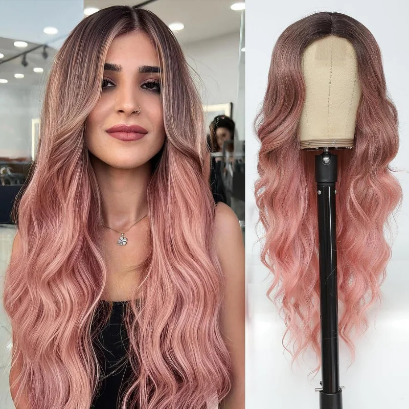 European and American style women's long curly hair wig, gradient T-color, large waves, synthetic fiber full headpiece