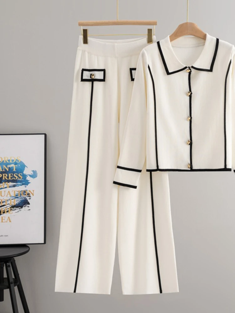 Women Lapel Collar Knitwears Sweater Cardigan Tops High Waist Wide Leg Pants Outfit New Chic Design Knitted 2 Piece Sets