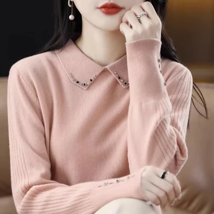 Autumn Winter Camere Knitted Long Sve Doll Collar Women's Diamond Embedded Wool Base irt Slim Fit Commute Sle Pure C...