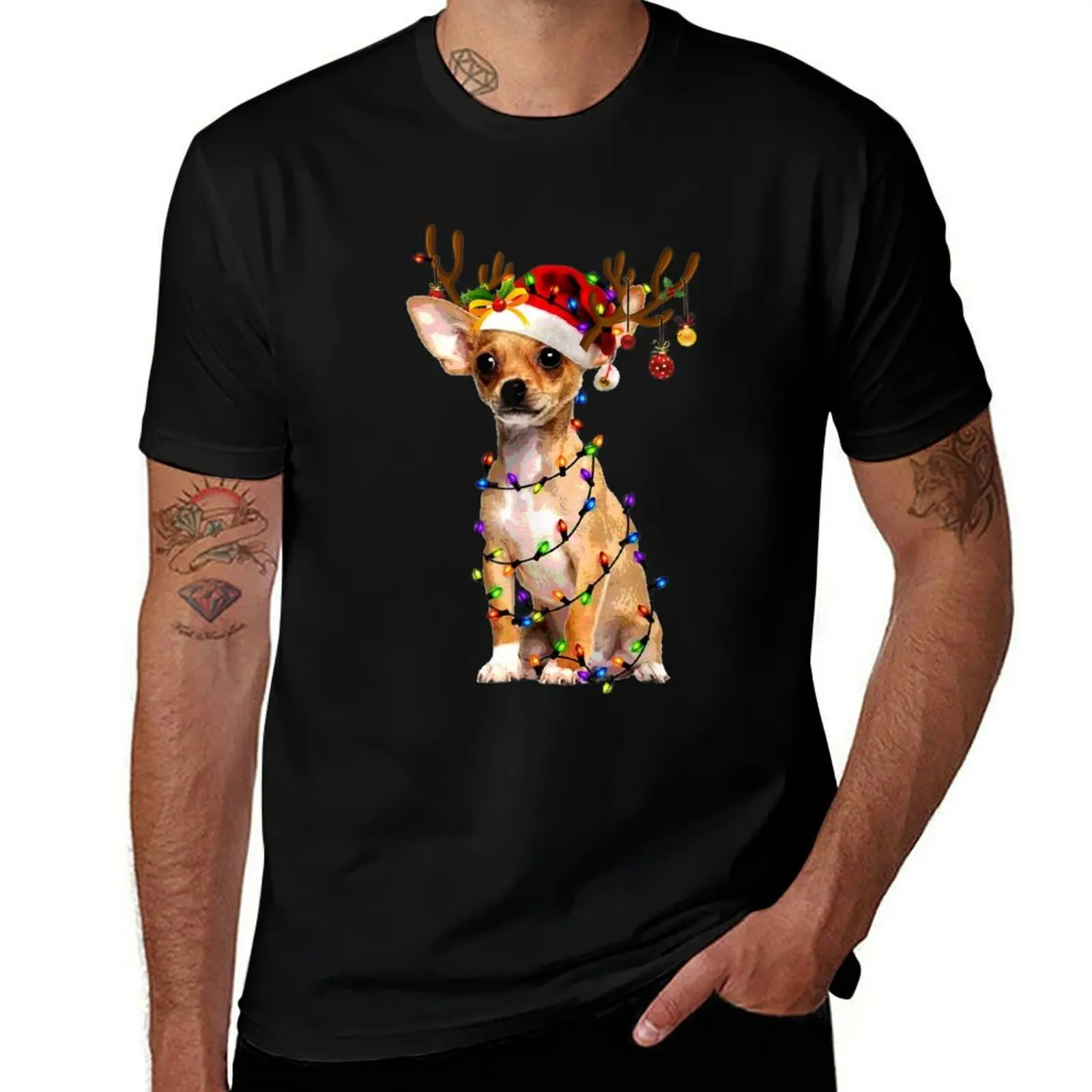 

Funny Chihuahua Christmas Reindeer Christmas Lights Pajama T-Shirt t shirt personalised t shirts for man pack cotton T-Shirt