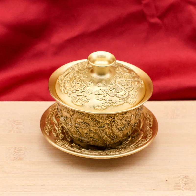 Brass tea cup three-piece set for tea ceremony, dragon and phoenix tea cup, hundred blessings tea creative cup, home copperware