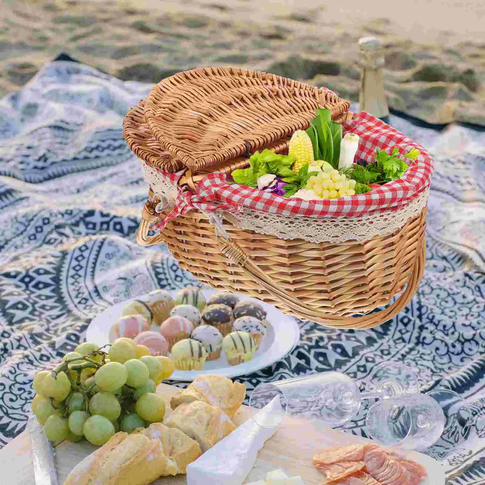  Rattan Picnic Basket Wicker Baskets Bulk Hamper with Lid Beach Woven Cloth Liners Travel view 5