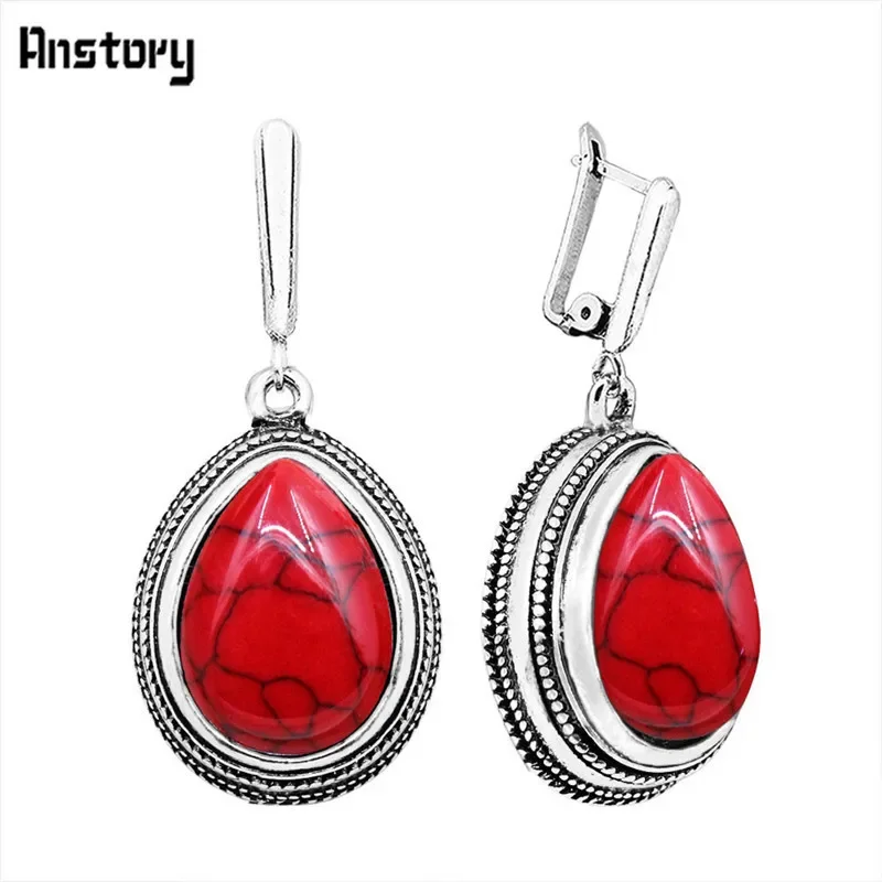 Drop Pendant 5 Colors Synthetic Turquoises Earrings For Women Antique Silver Plated Retro Craft Fashion Jewelry TE109