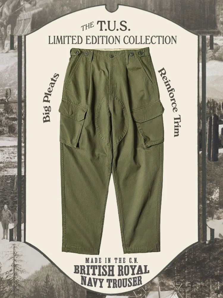 

American Style Casual Pants Loose Tapered with Big Pockets Royal Navy Style Straight Leg Cotton Workwear Trousers for Men