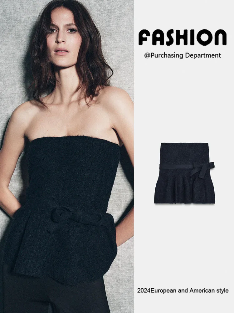 Zimowa kolekcja 2025: Nowa damska dzianinowa spódnica z falbaną, uniwersalny top z ozdobnym węzłem, odzież etniczna na scenę.