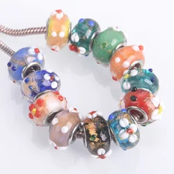5pcs 15mm Rondelle Handmade Flower European Charms Murano Lampwork Glass Big Hole Beads For Jewelry Making DIY Bracelet Findings