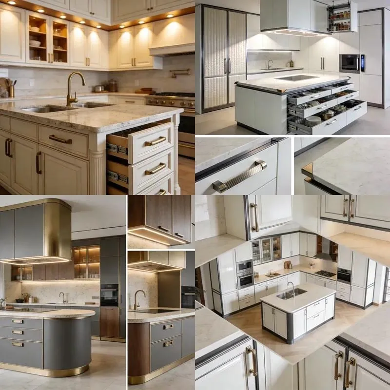 Modern Wood Outdoor Cabinet with Marble Countertops Brushed Stainless Steel Gold Trim and Slow Closing Drawers