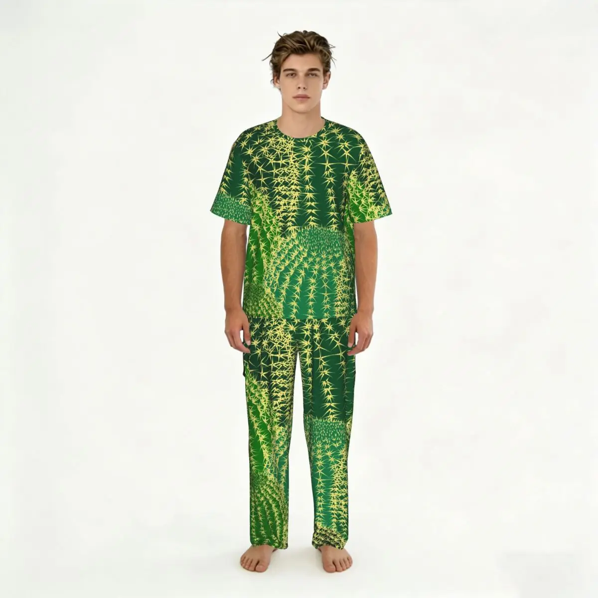 Men's Casual Pajamas Sets Short Sleeve and Pants Sets Male Sleepwear Cactus Pattern Home Clothes