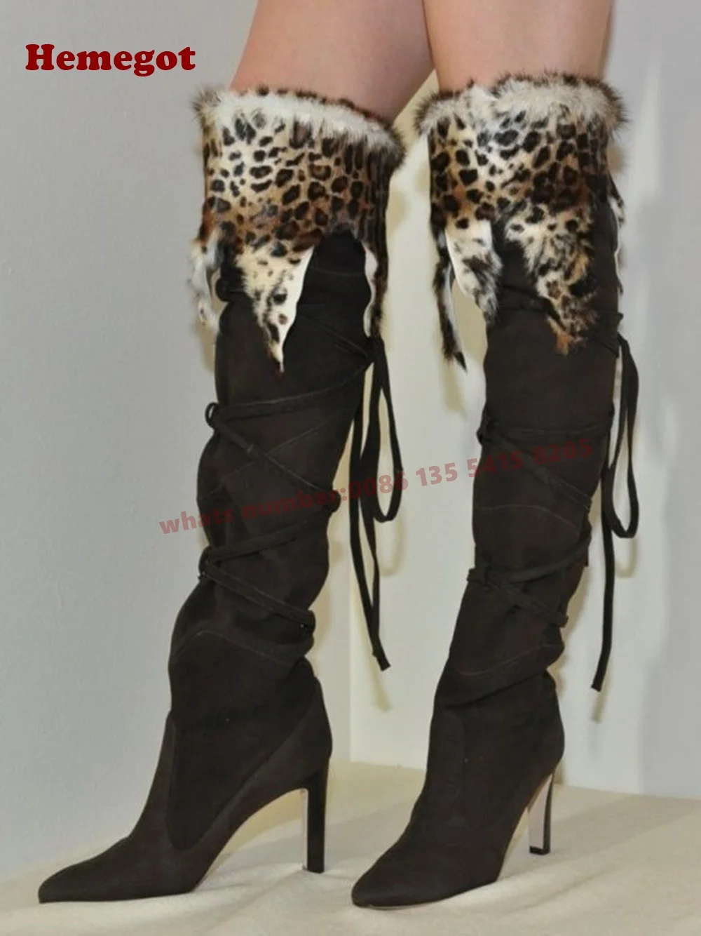 

Длинные сапоги до колена со шнуровкой и леопардовым мехом, женские сапоги до колена с круглым носком, зима 2024, повседневная обувь с перекрестными ремешками