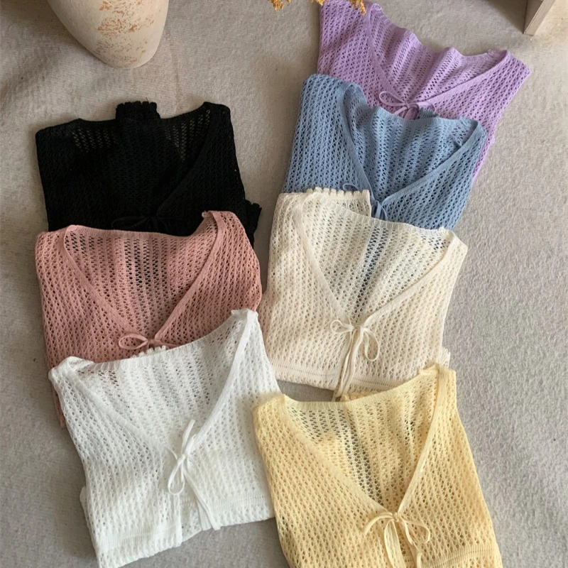 

New 2026 Elegant Sunscreen Casual Knitwear Spring V-neck Hollow Women's Lace-up Cardigan Shirt Slim-fit Long Sleeved Blouse