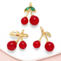 OCESRIO Red Beads Cherry Pendant for Necklaces Copper Gold Plated Crtystal Leaves Fruit Jewelry Making Component pdtb789