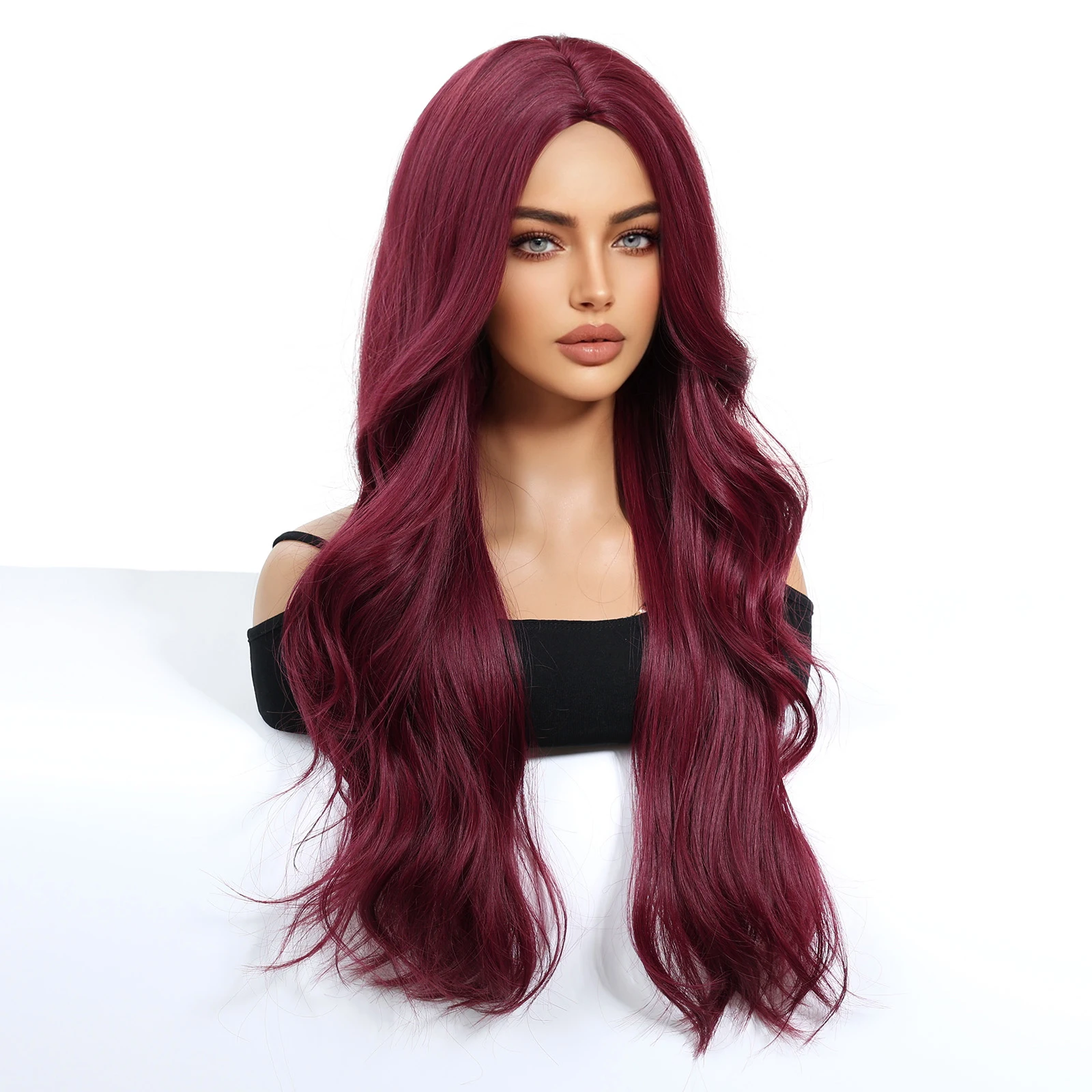 ChristmasChristmas Burgundy P Wigs Super Long Wavy Wig With Medium Part Bangs Curly Synthetic Hair For Women Daily Cosplay Party