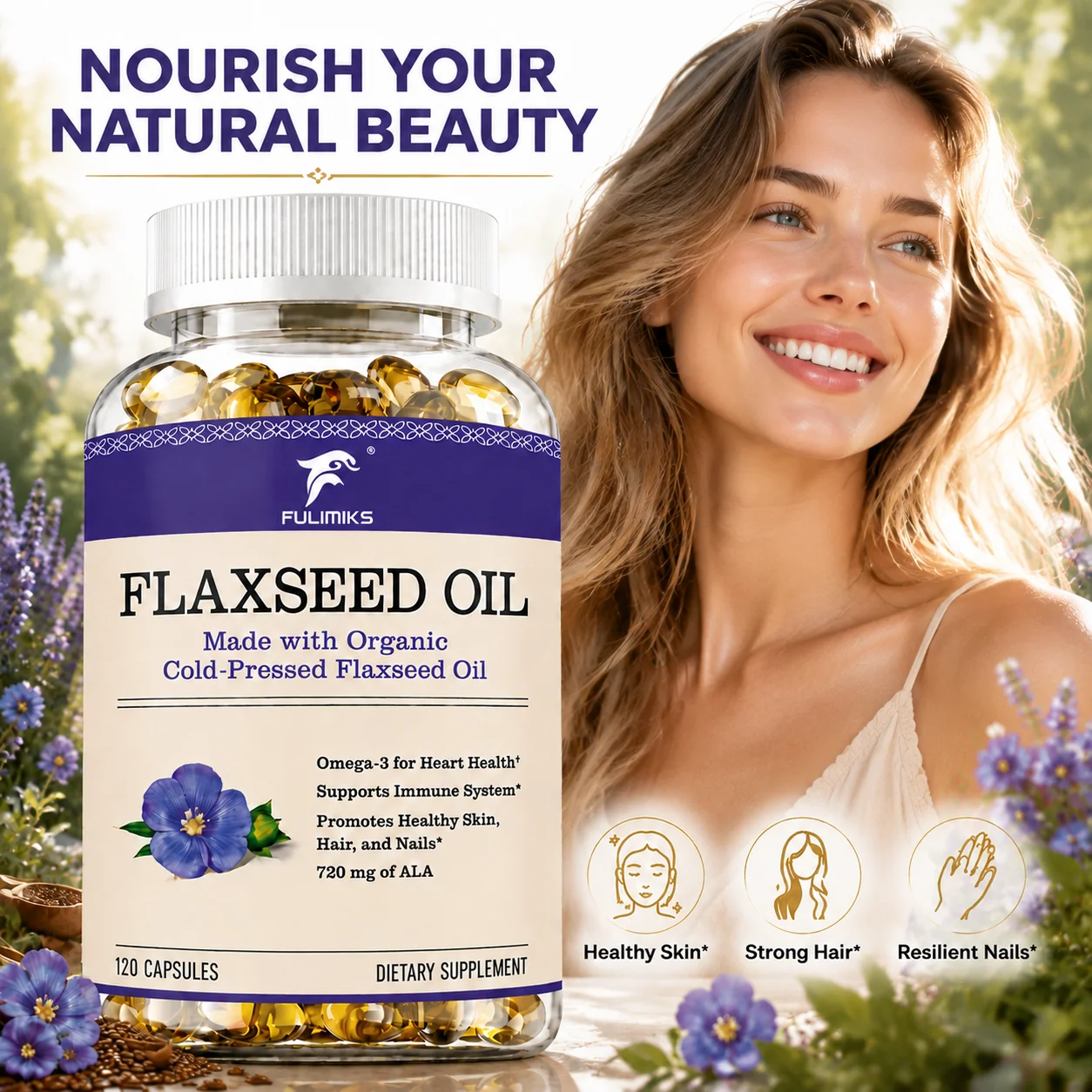Flaxseed Oil Supplement,1200 mg, Omega 3 6 9 with 720mg ALA, Promote Cardiovascular & Heart Health, Support Skin & Hair Wellness