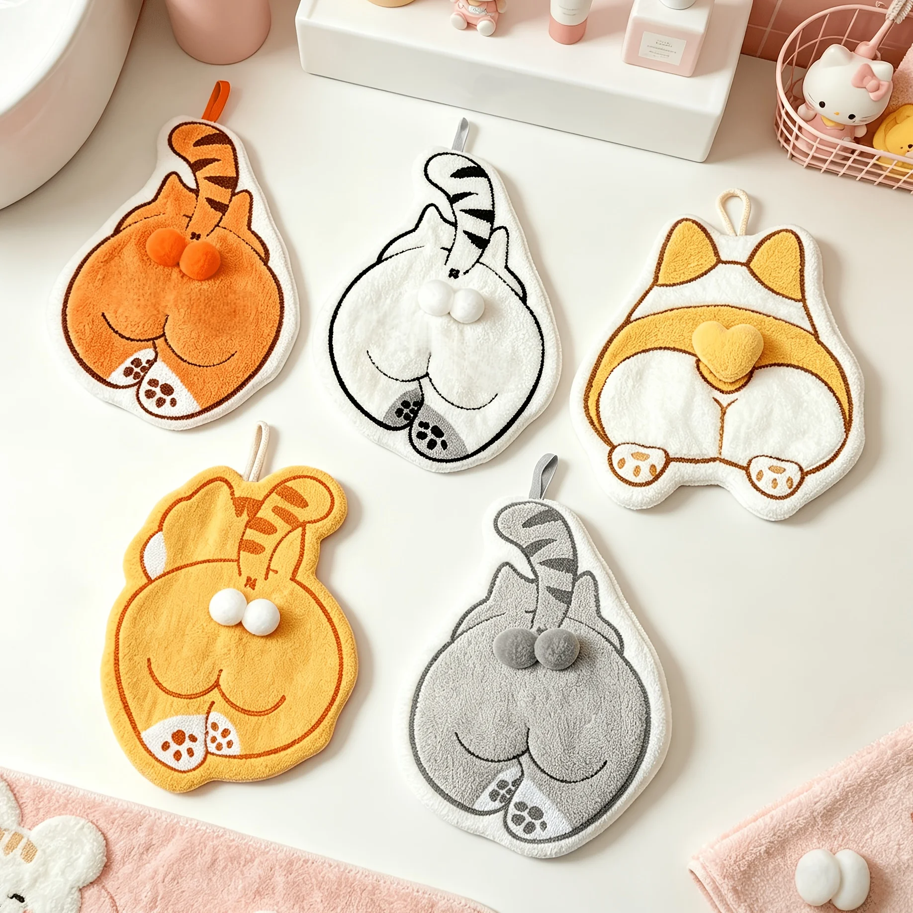 New Funny Interesting Hand Towels, Cute Cat And Dog Shaped Butt Hand Towels,Thickened Absorbent Coral Fleece Hand Towels,Hanging