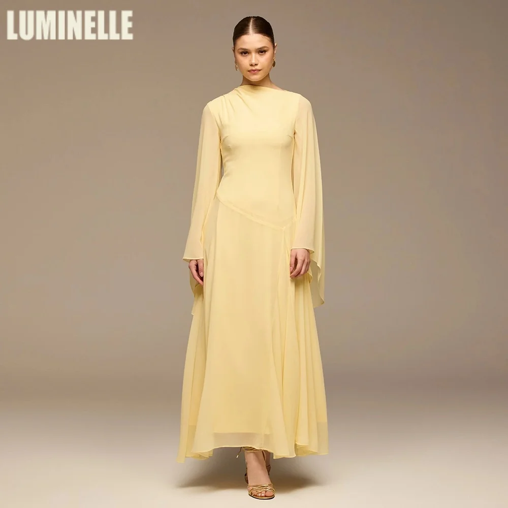 

Yellow Flared Sleeve Chiffon Evening Dress For Women A-Line Puffy Summer Formal Prom Gowns Ankle Length Party Dresses Customized