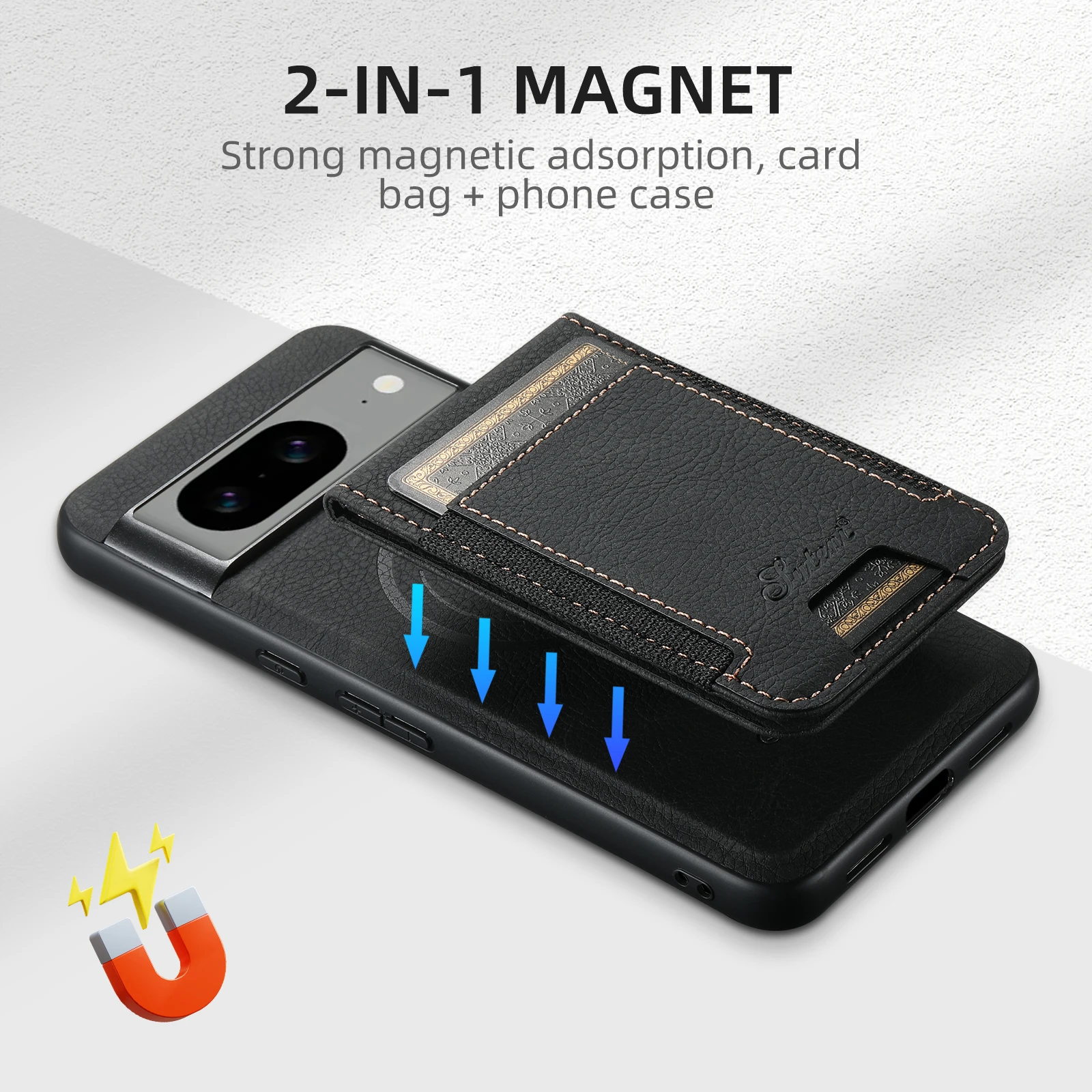 SUTENI Card holder PU leather wallet Mobile case Magnetic 2-in-1 Compatible wireless charging For Google Pixel 8Pro 8A 7A 6Pro 6