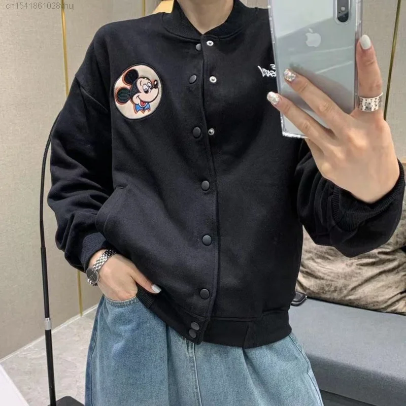 Disney Mickey Mouse Cardigan Sweater Women New Ins Fashion Embroidery Campus Hoodie Y 2k Girl Cute Anime Bomber Baseball Jacket