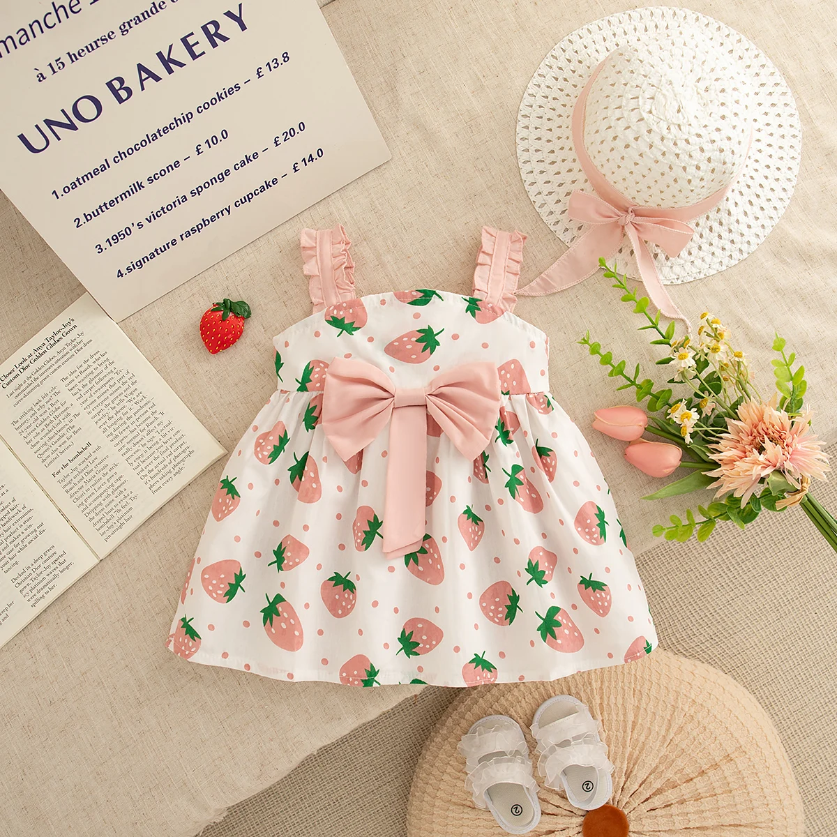 Baby Girl Dress Summer Cotton Bow Strawberry Suspender Girls Dresses Cute Casual Beach Baby Girl Clothing