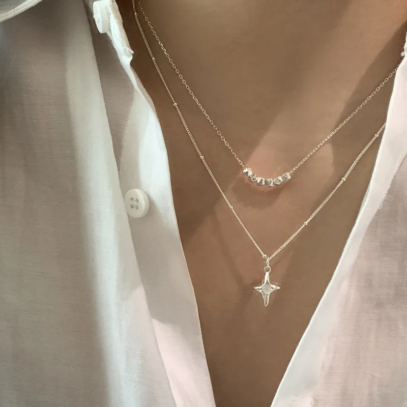 

VENTFILLE 925 Sterling Silver Cat Eye Necklace for Women Girl Stars Bead Double Layer Design Sweet Gift Dropshipping
