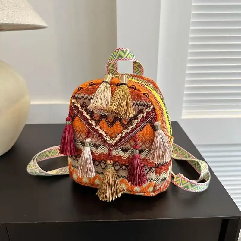 

Красочный тканый рюкзак для женщин, разноцветный богемный рюкзак с кисточками, рюкзак с этническим геометрическим узором, ручная работа, Boho Festi