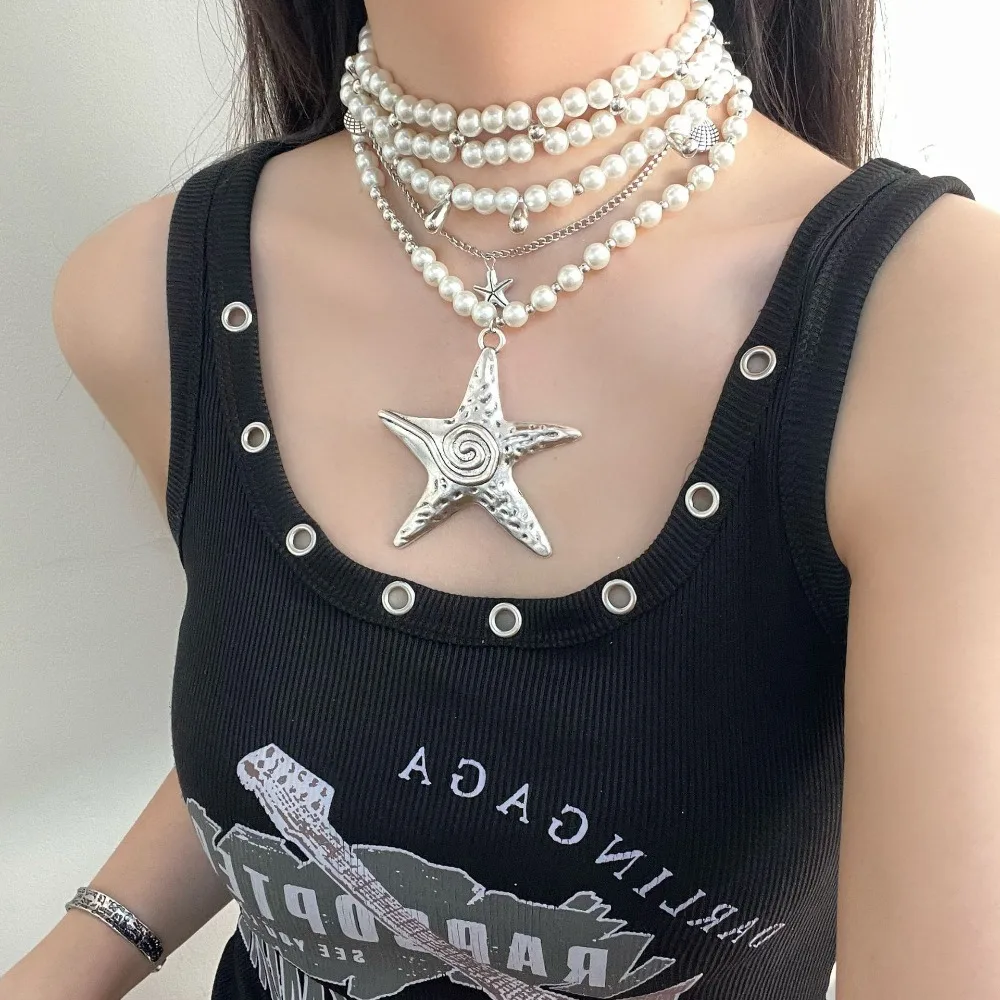 Y2K Personality Multi Layer Pearl Bead Chain Starfish Pendant Necklace for Women Summer Beach Stackable Clavicle Neck Jewelry