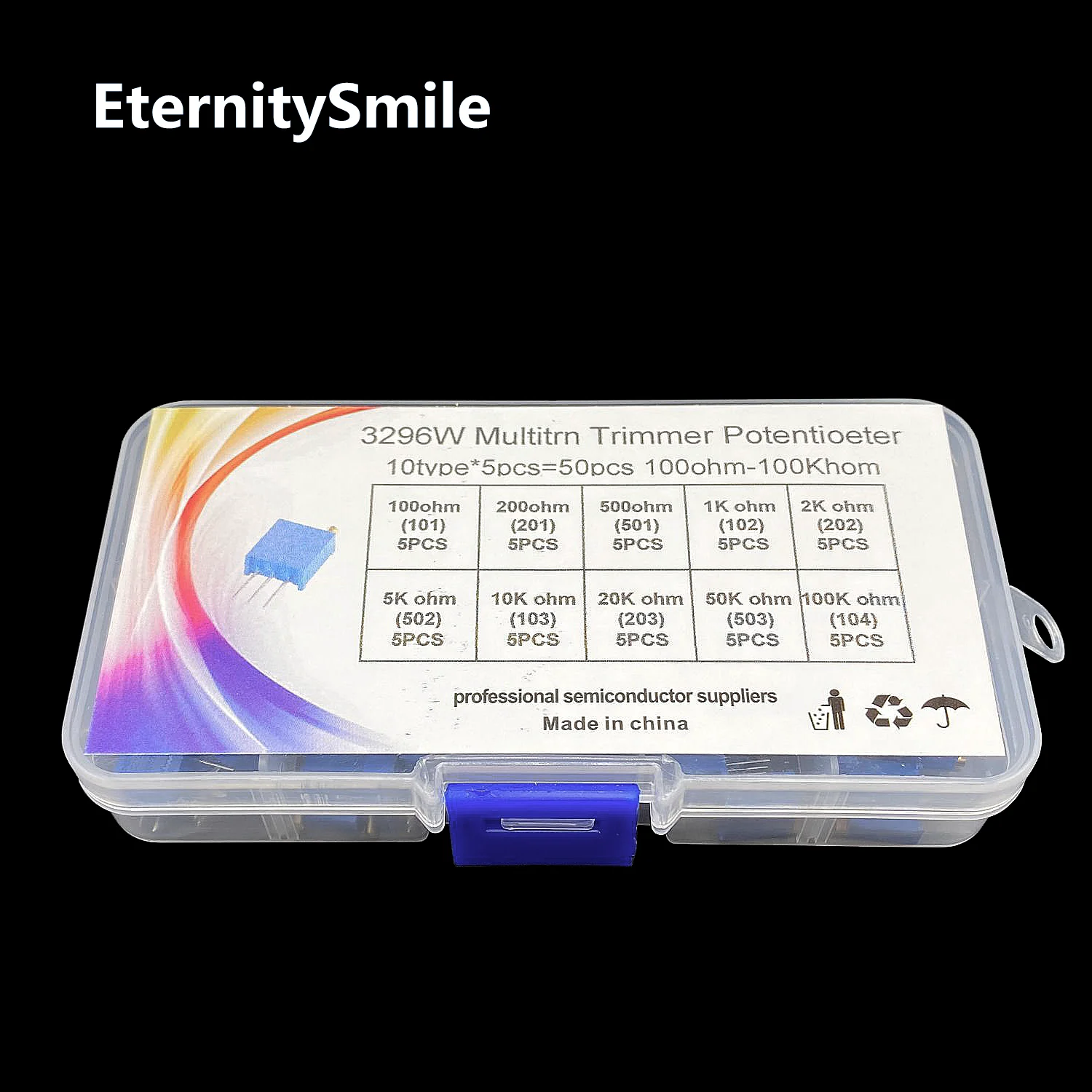 50PCS 3296W Multiturn Trimmer Potentiometer Kit High Precision 3296 Variable Resistor 500R 1/2/5/10/20/50/100K 100/200/500Ohm
