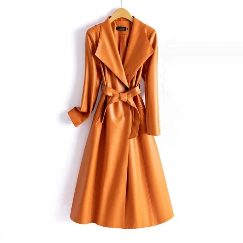 Fashion M-5XL Turn Down Collar Women Long Sleeve Belt Faux Leather Outwear 2024 Fall PU Trench Coats