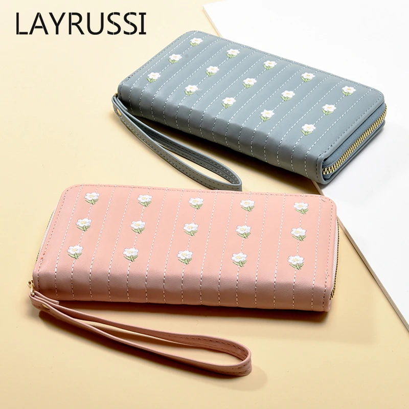 LAYRUSSI New Style Women Long Zipper Wallet Girls Purse PU Leather Clutch Bag Cute Embroidered Flower Card Holder Ladies Wallets