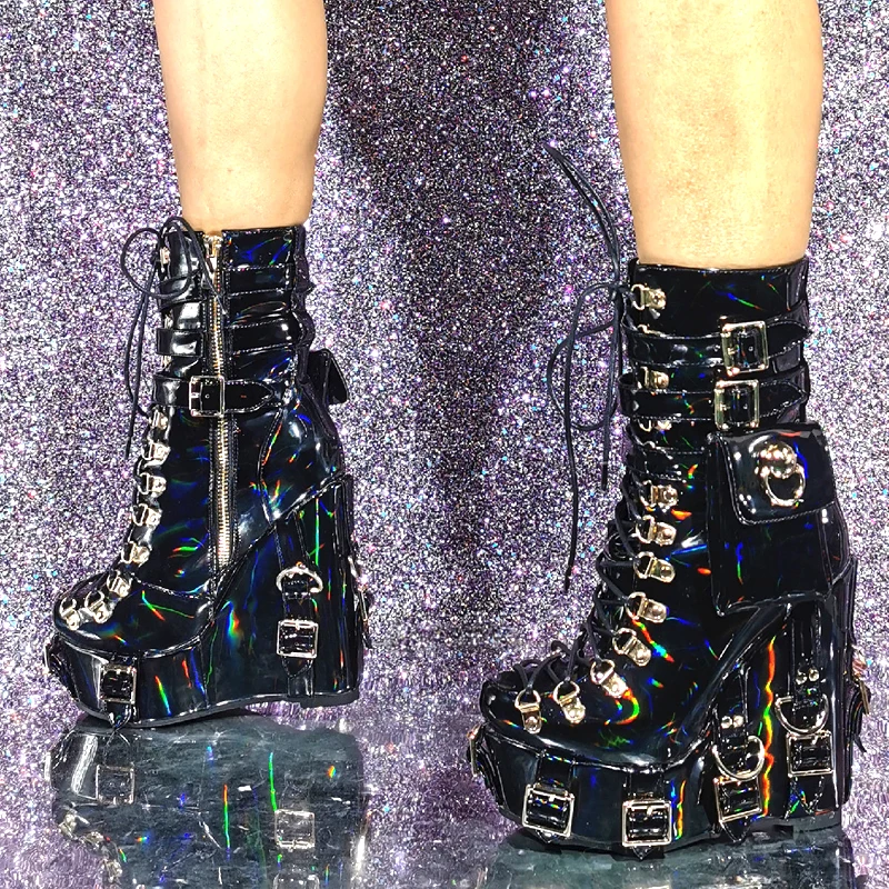 

Laser Intrigue Black Super Wedge Heels Motorcyle Boots Pocket Buckled Belt High Platform Hot Girl Wedge Club Ankle Boots