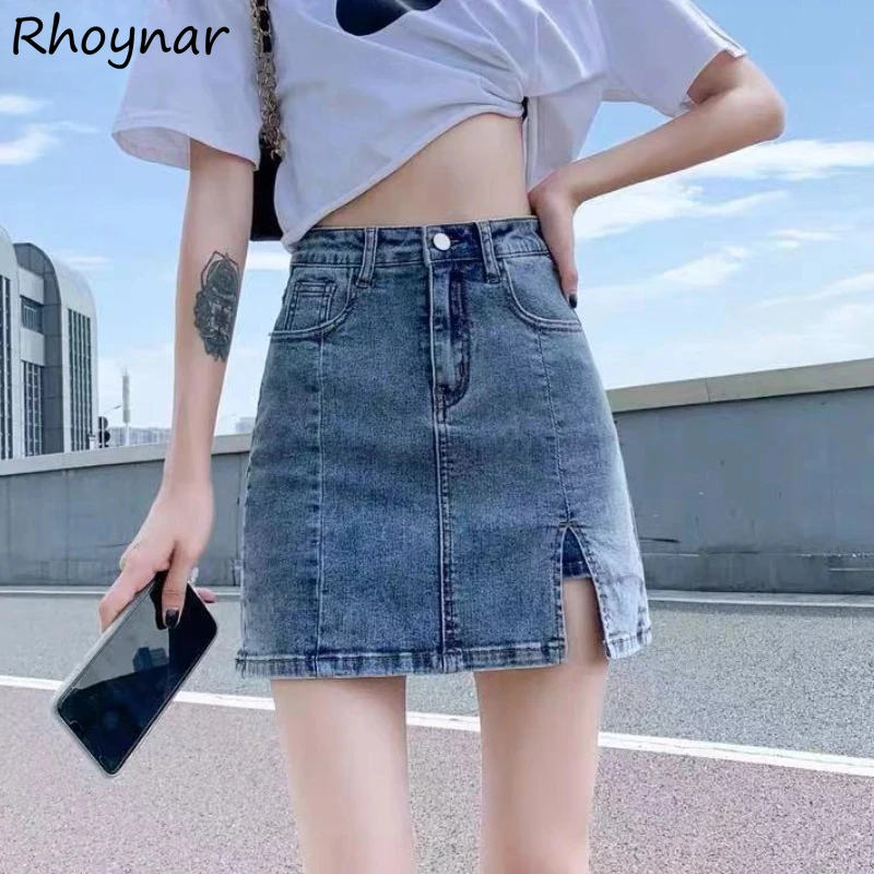 

S-3XL Denim Mini Skirts Women Side Slit High Waisted Washed Hotsweet Vintage American Streetwear Fashion Clothing Юбка Женская