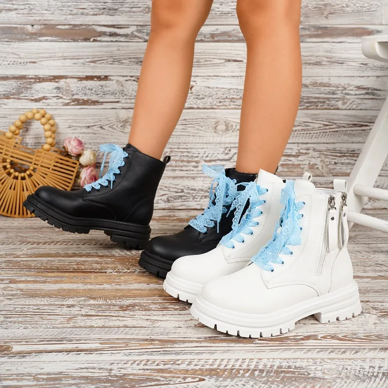 Spring Autumn New Simple Style Lace High Top Women's Mid Calf Boots 2026 Fashion Round Toe Lace Up Design Comfortable Women Shoe