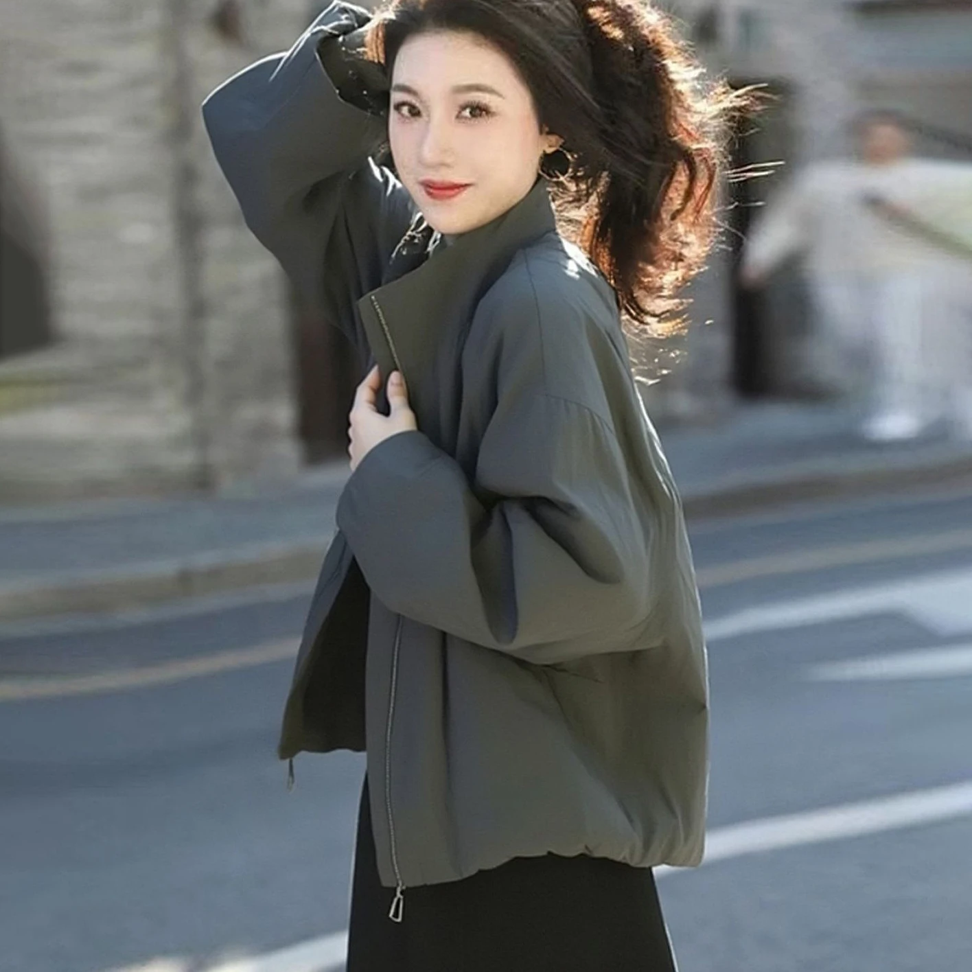 Stand Collar Loose Short Windbreaker Jacket Women Oversized Zip‑up Elastic Hem Casual Oversized Streetwear Windproof Outerwear