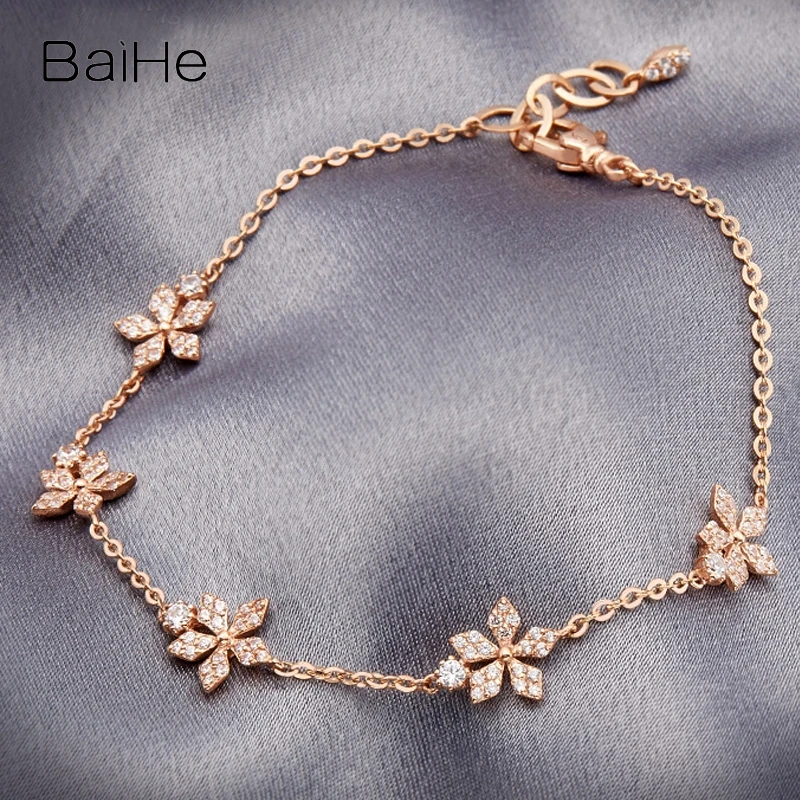 BAIHE Solid 14K Rose Gold 0.825ct H/SI Natural Diamond Leisure sweet Flower Bracelet for Women Trendy Daily Wear Fine Jewelry