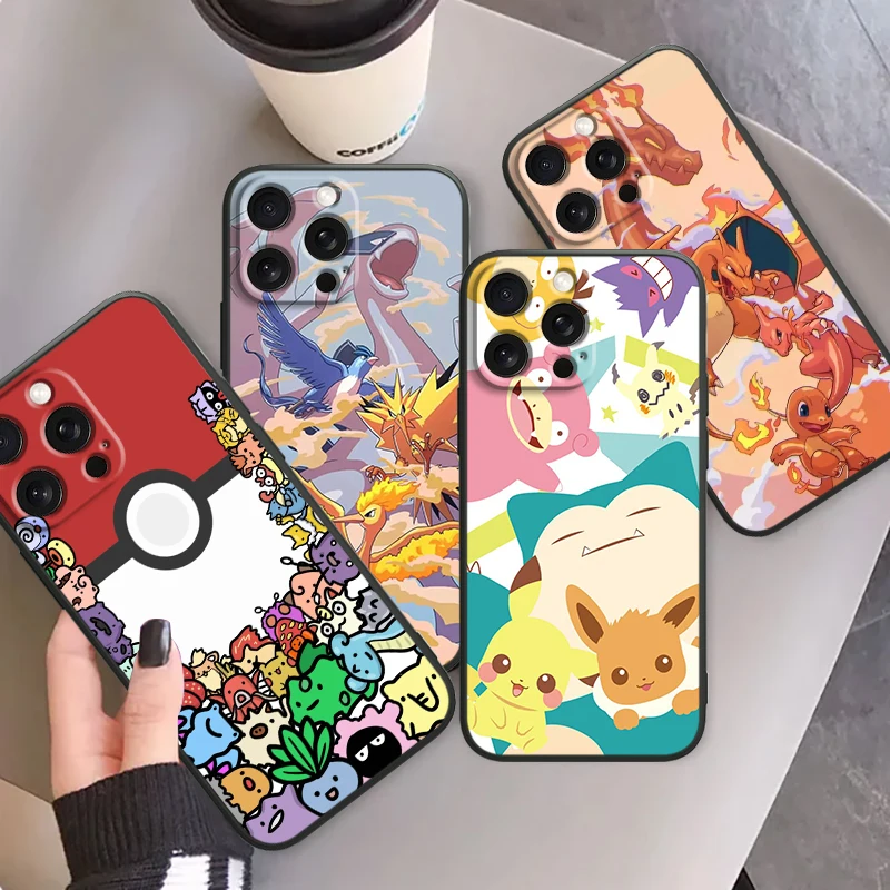 Pokemon Fashion Anime For iPhone 15 14 13 12 11 XS XR X 8 7 SE Pro Max Plus Mini Black TPU Phone Case