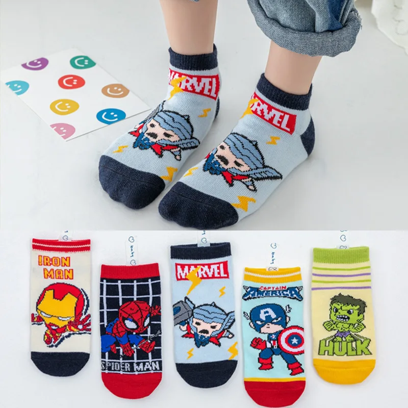 5 Pairs Spiderman Children\'s Socks Marvel iron Man Hulk Thor Anime kids Boys Short Socks Cartoon Baby Spring Summer Sock 1-12 Y