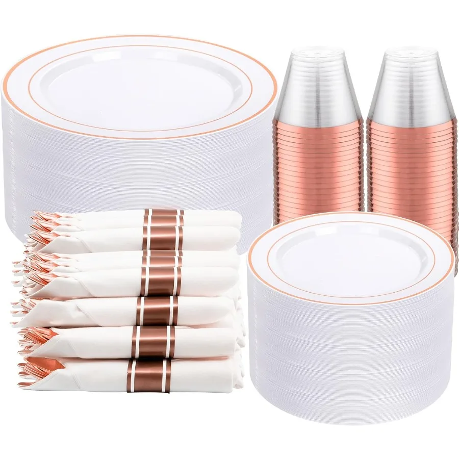 

350 шт. Набор пластиковой посуды из розового золота для 50 гостей Пластиковые тарелки для вечеринок В комплект: 50 обеденных тарелок 50 десертных тарелок 50 P