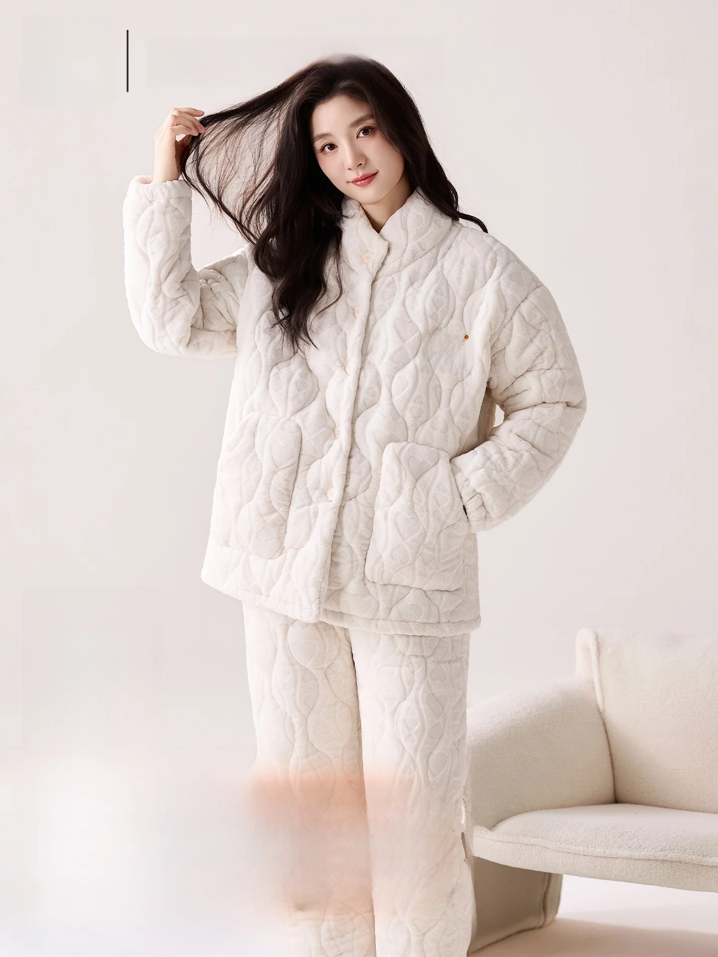  Person Coral Fleece Thickened Home Clothes for Women Winter Stand Collar Cotton Coat Home Leisure Suit Sweet Cute Style