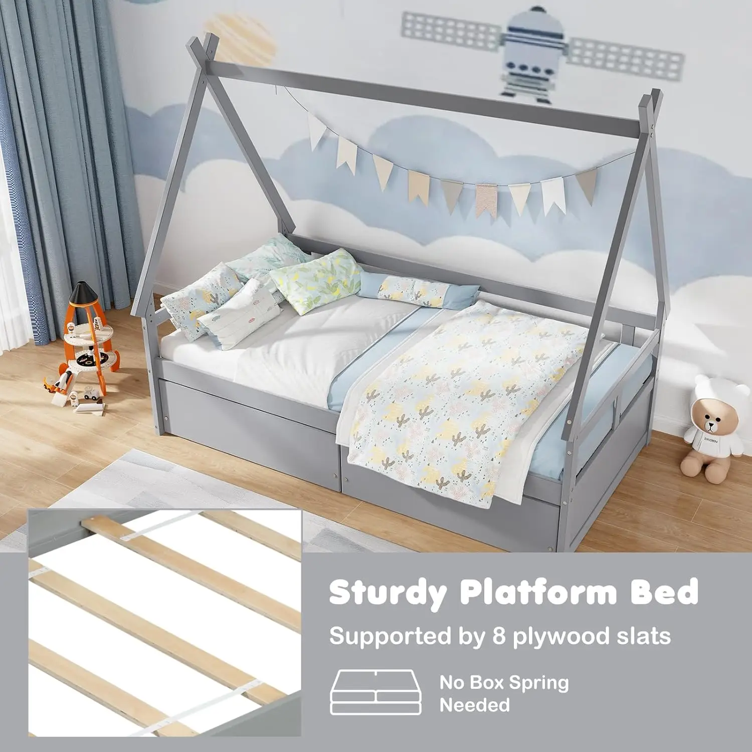 Drawers, Wood Montessori House Tent Bed Frame with Safety Guardrail, Low Teepee Bed with Wood Slat Support for Boys Girls Teens,