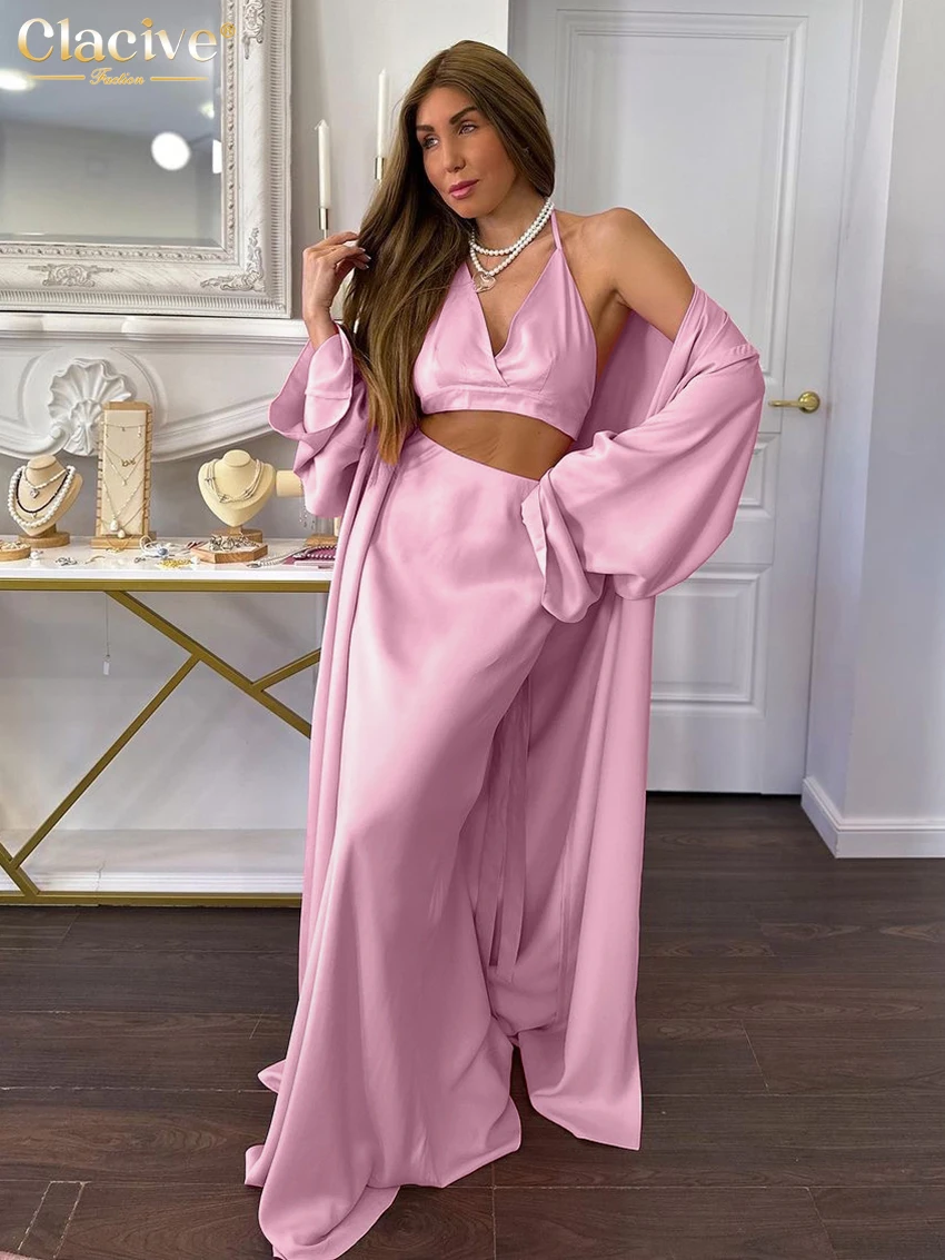 

Clacive Fashion Loose Pink Satin 3 Piece Sets Women Outfit 2024 Elegant Long Sleeve Robes + Bra With High Waist Long Skirts Set