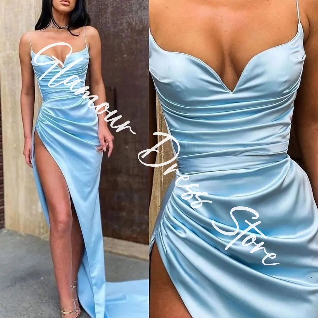 Customized Exquisite Satin Straight Spaghetti Straps Evening Dresses Panel Train Strapless Sleeveless Homecoming Dress