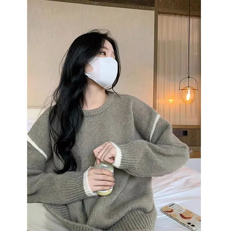 

2023 New Arrival Autumn Winter Women Loose Fit Casual O-neck Long Sleeve Pullovers All-matched Korean Style Knitted Sweater V834