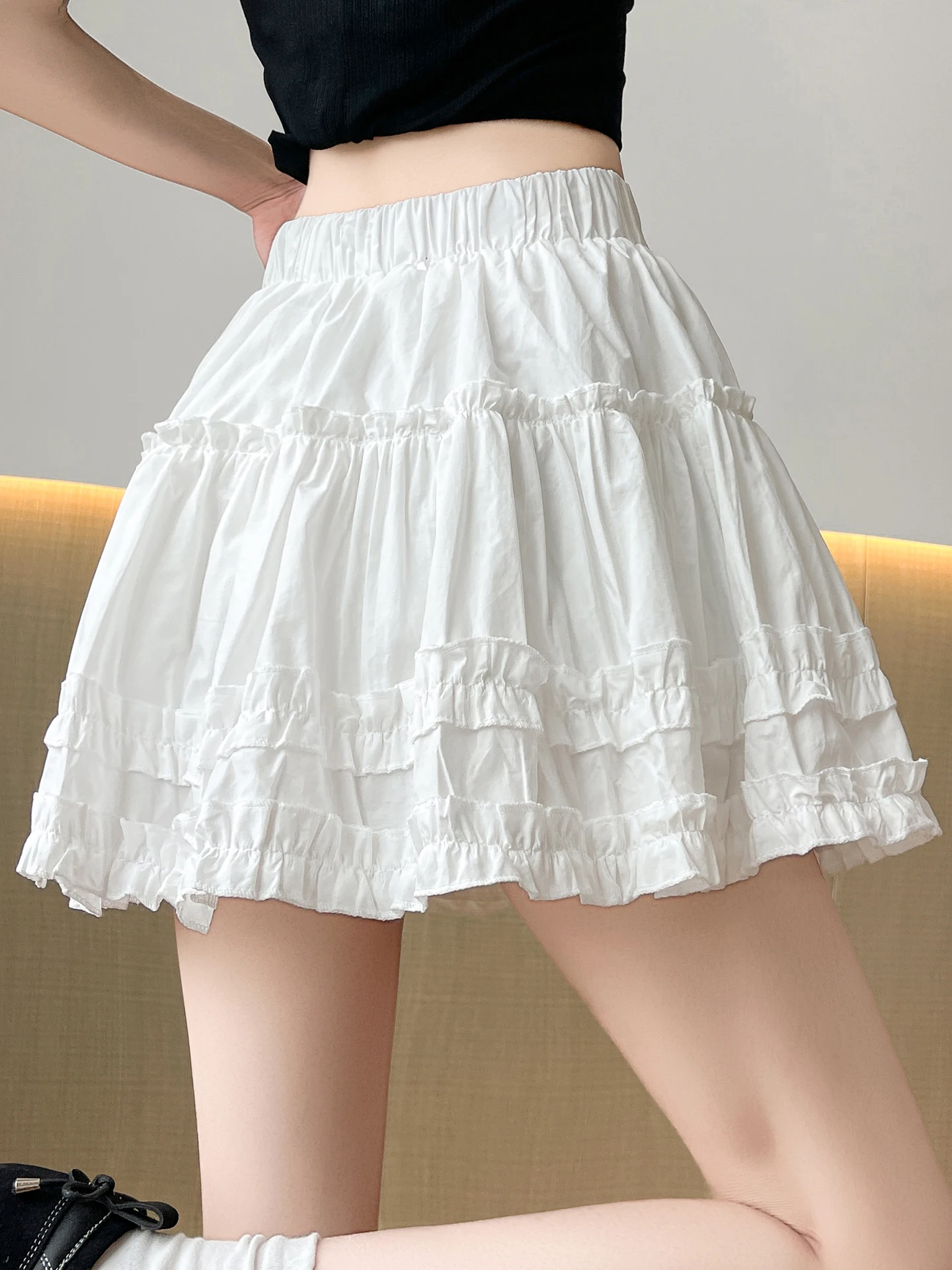 ホワイトケーキショートスカート-レディース-夏-ハイウエスト-スリム-スイート-バレエスタイル-aライン-パフィーハーフスカート-木目調