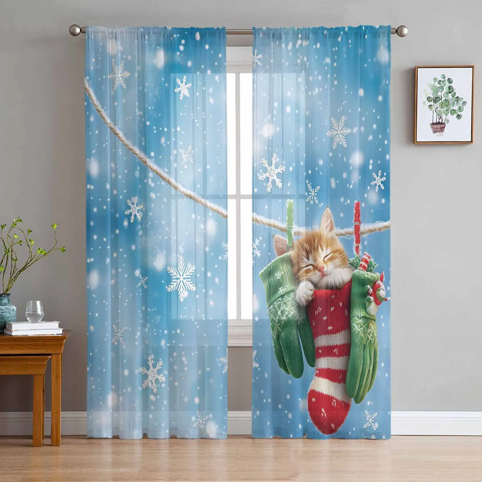 Cartoon Star Cat Christmas Socks Snowflake Curtains For Living Room Tulle Window Curtain Bedroom Kitchen Veil Drapes